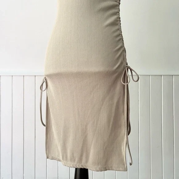 Zara Tan Ribbed Knit Ruched Drawstring Bodycon Dress Size S - Picture 6 of 15